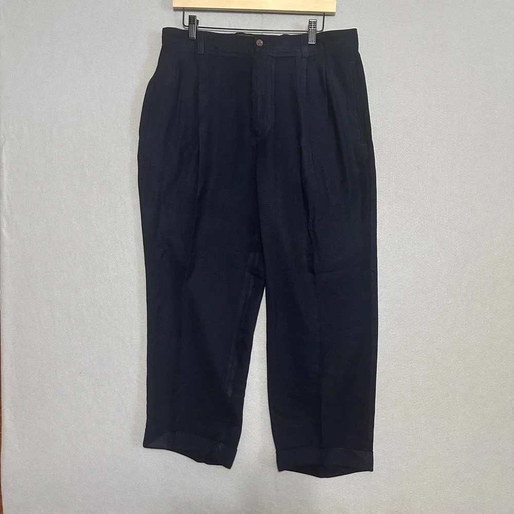 Tommy Bahama Mens 34‎ Navy Blue 100% Silk Pleated Cuffed Dress Pants Trousers